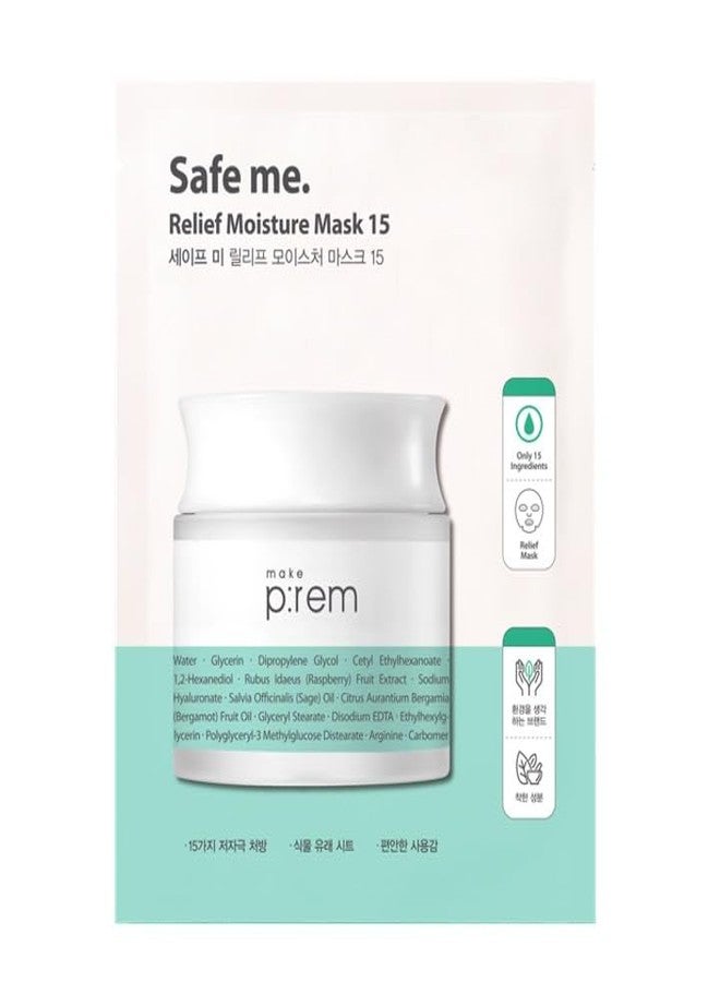 MAKE P:REM Safe Me. Relief Moisture Mask 15, Hydrating Sheet Mask with Natural Ingredients, Enriched with Hyaluronic Acid for Comfort and Glow, Korean Skin Care, 0.84 fl.oz. (25ml) x 10EA